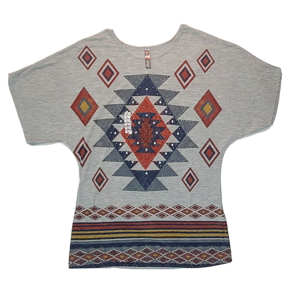 Big Bang Women's Top Aztec Gray Graphic Gemstone T-Shirt Blouse Size Large, New - Picture 1 of 8
